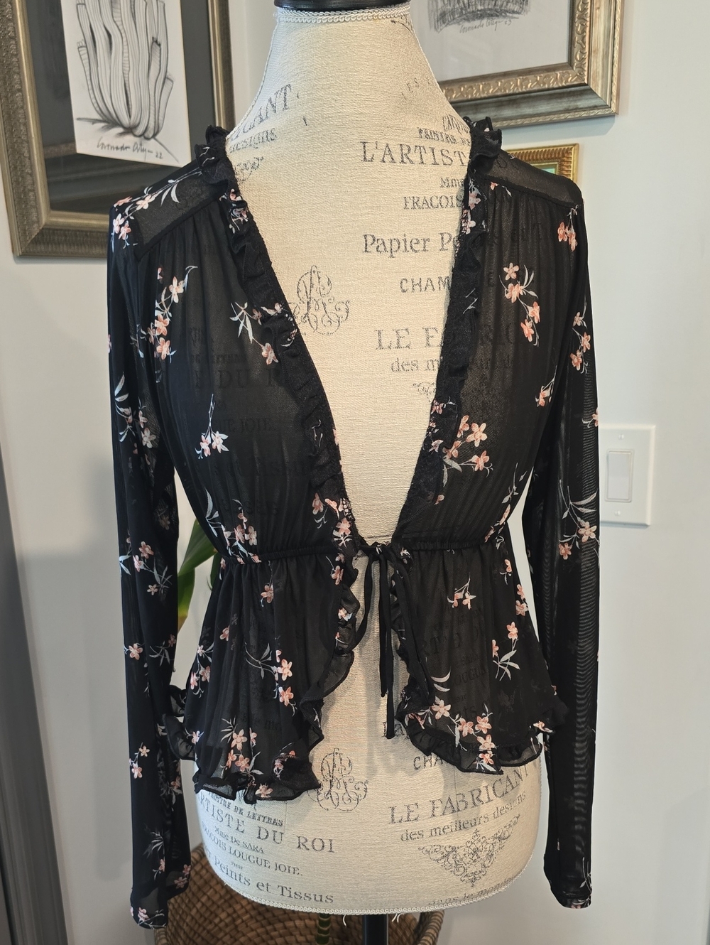 Full Tilt Black Sheer Floral Tie Top